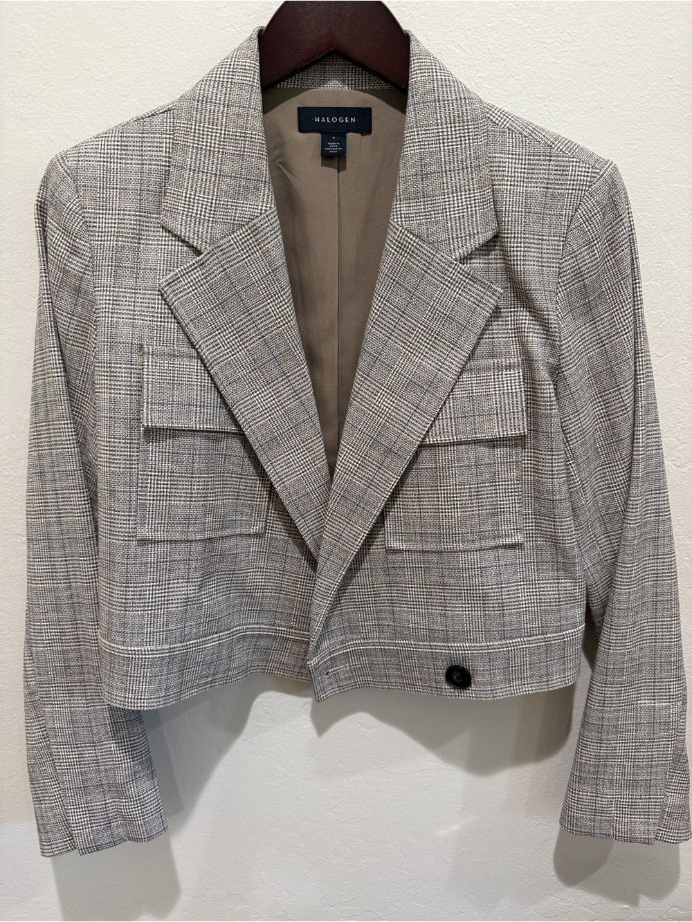 Halogen Cropped Plaid Crossover Blazer Jacket - Beige, Gray